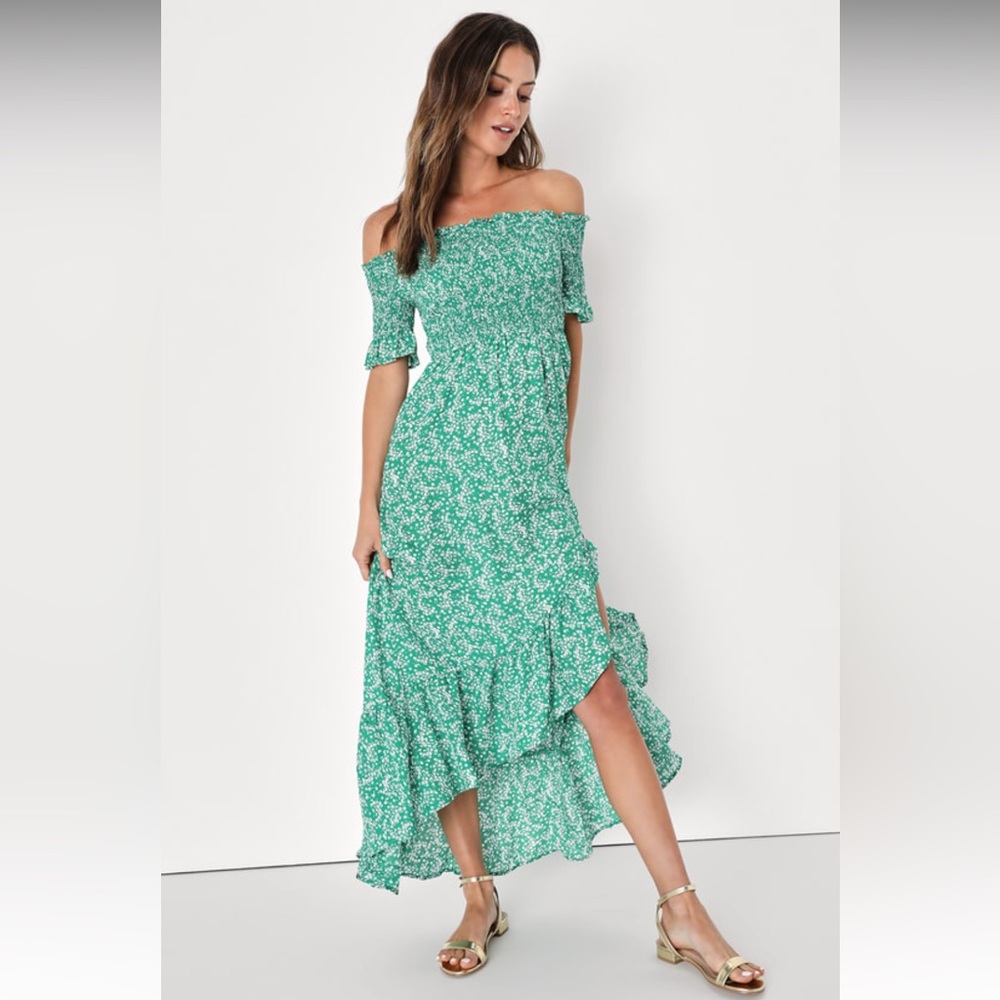 Lulus | Green Floral Off the Shoulder Dress